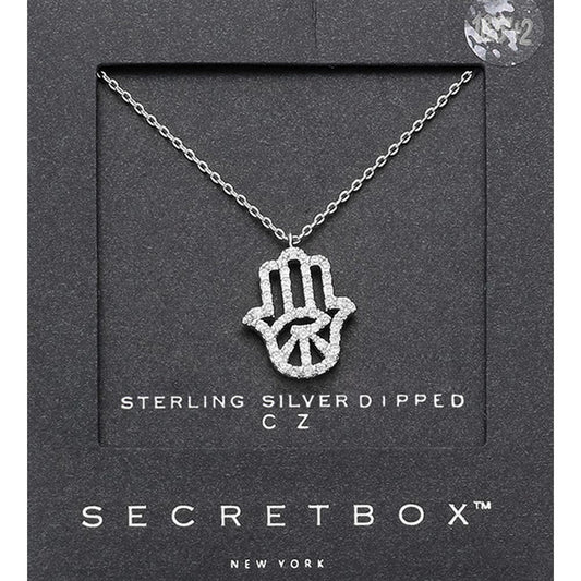 Madeline Love Silver SECRET BOX_ Sterling Silver Dipped CZ Hamsa Hand Evil Eye Pendant Necklace - Jewelry