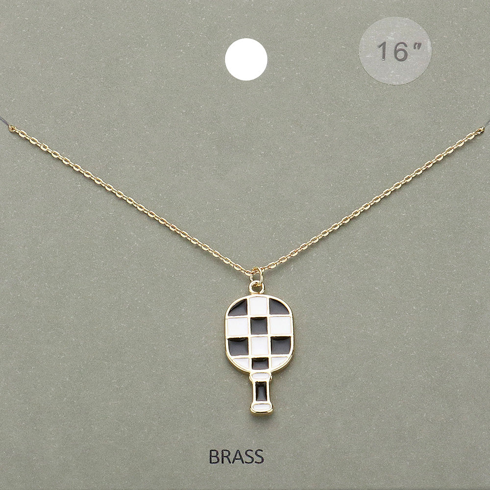 Black, Gold, White Enamel Checkered Pickleball Paddle Pendant Necklace