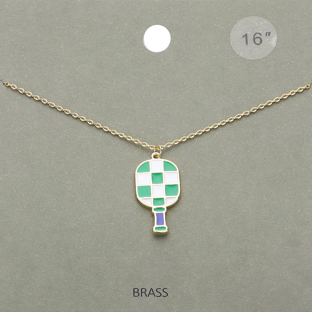 Gold, Green Enamel Checkered Pickleball Paddle Pendant Necklace