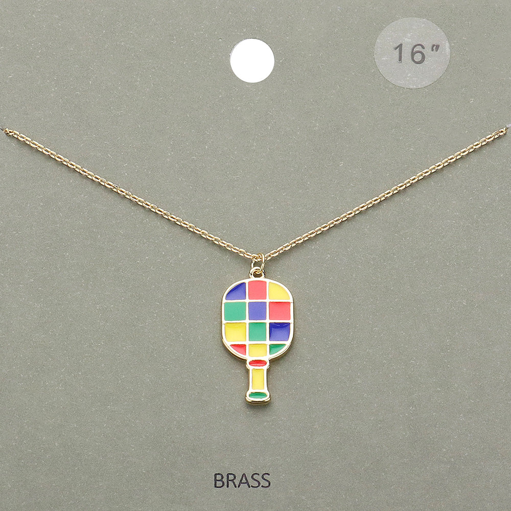 Gold, Multi Enamel Checkered Pickleball Paddle Pendant Necklace