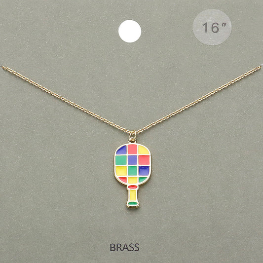 Madeline Love Gold, Multi Enamel Checkered Pickleball Paddle Pendant Necklace - Sports & Events