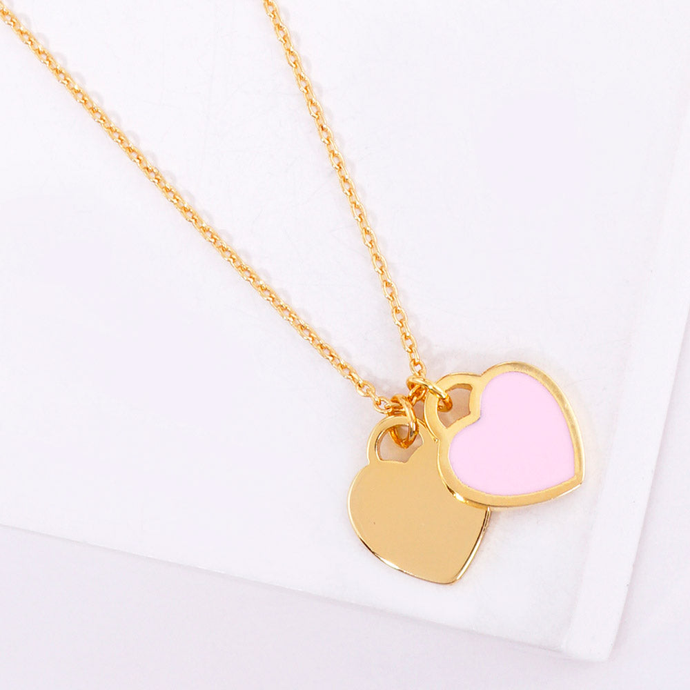 Enamel Metal Double Heart Pendant Necklace