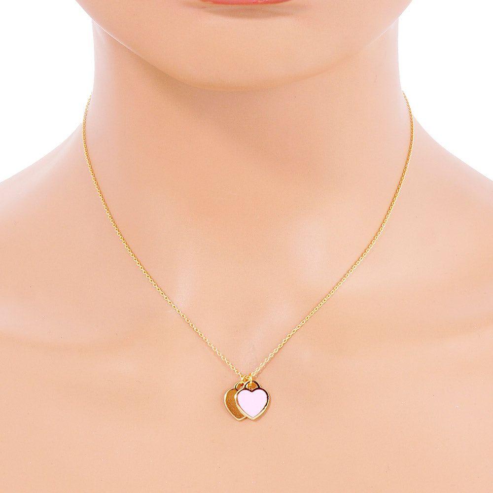 Enamel Metal Double Heart Pendant Necklace - Necklaces