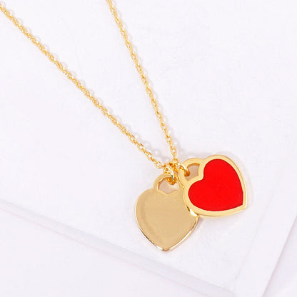 Enamel Metal Double Heart Pendant Necklace - Gold Red - Necklaces