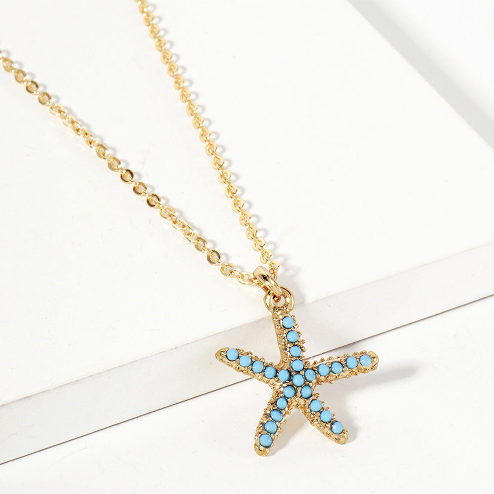 Turquoise Stone Paved Starfish Pendant Necklace