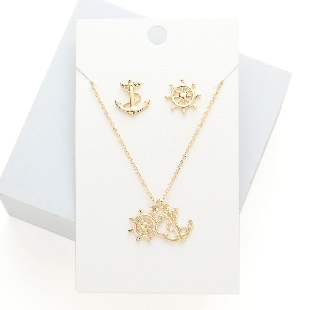 Gold Metal Ship Wheel Anchor Pendant Necklace