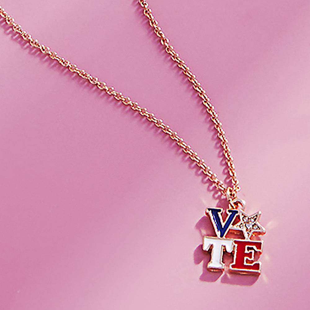 Madeline Love Multi Stone Paved Star Pointed Enamel VOTE Message Pendant Necklace - Jewelry
