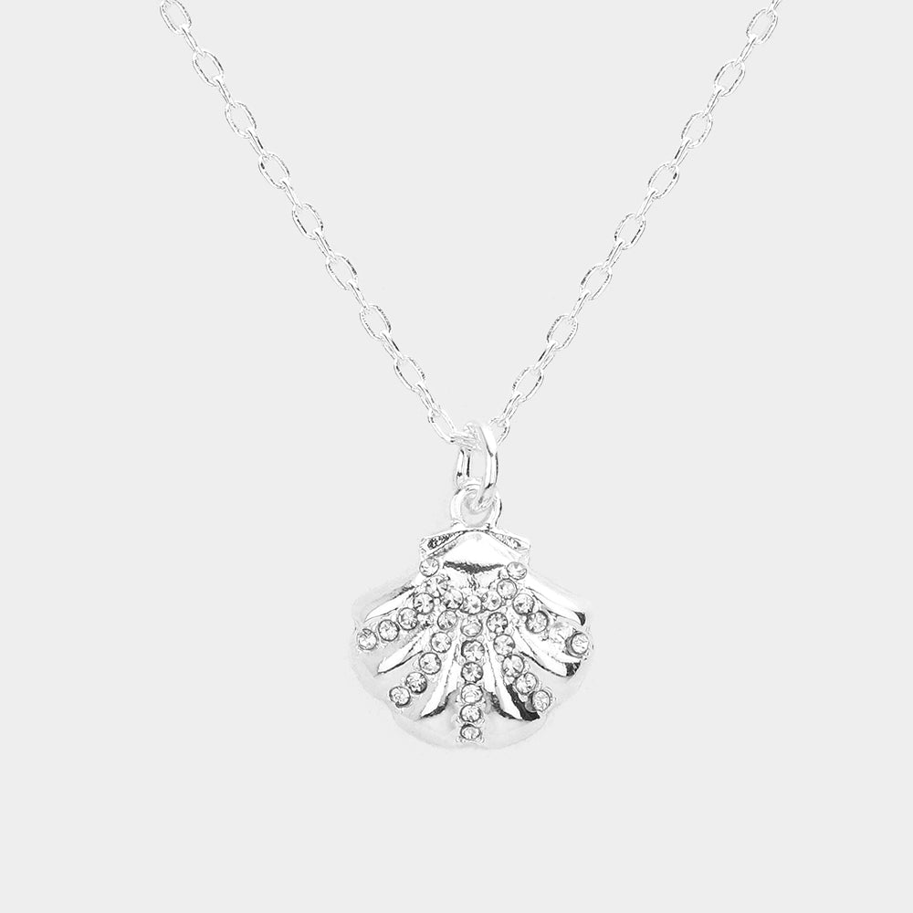 Madeline Love Silver Rhinestone Embellished Metal Shell Pendant Necklace - Necklaces
