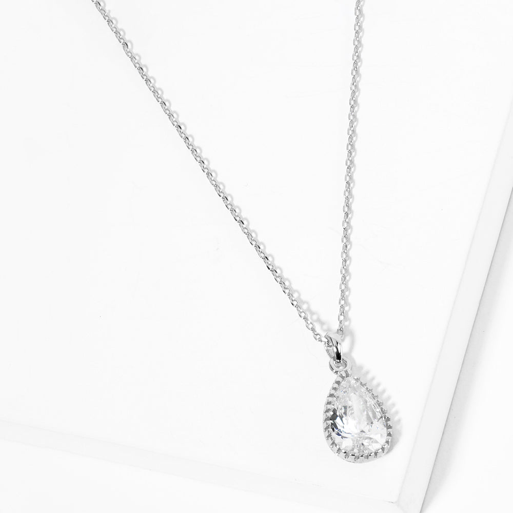 Madeline Love Clear, Rhodium Gold Dipped CZ Teardrop Stone Pendant Necklace - Jewelry