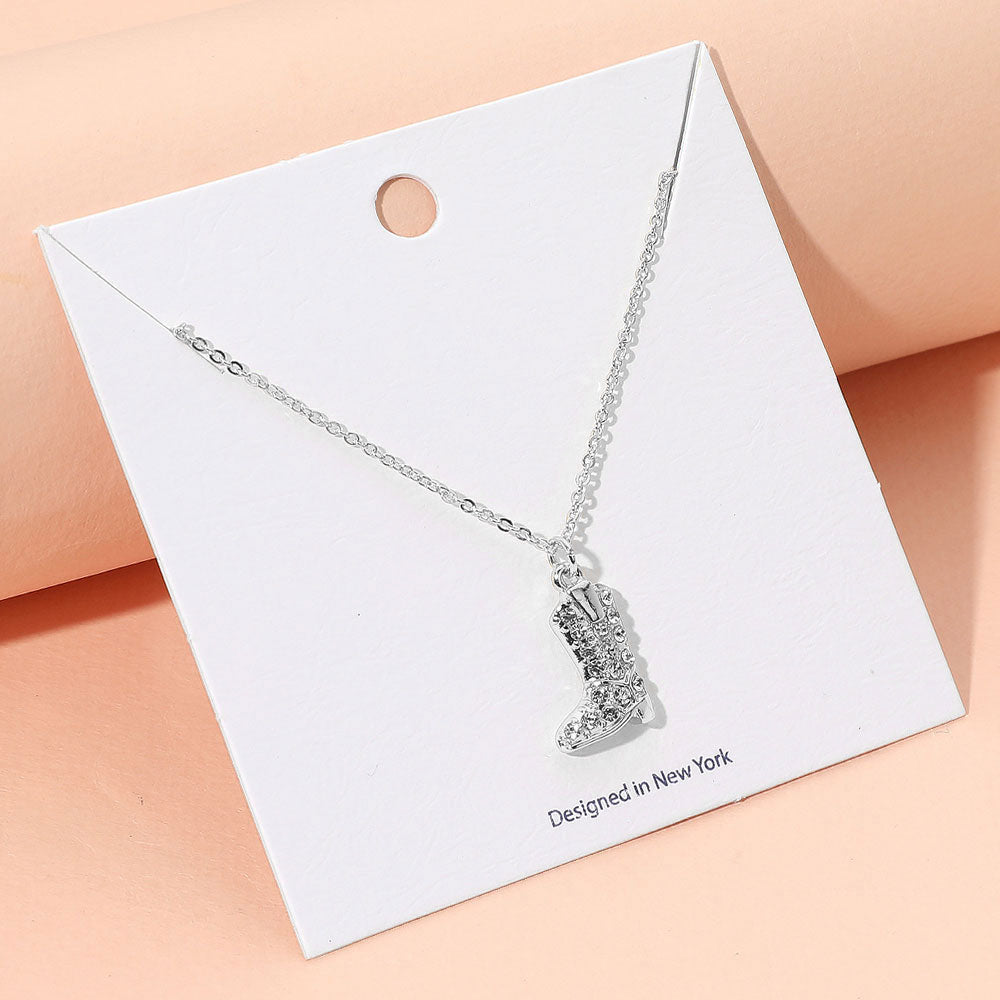 Madeline Love Clear, Silver Rhinestone Embellished Western Boot Pendant Necklace - Jewelry