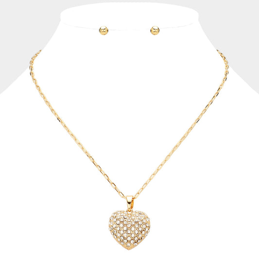 Stone Paved Heart Pendant Necklace - Gold - Necklaces