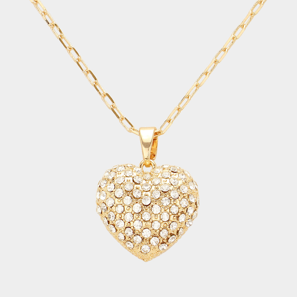 Stone Paved Heart Pendant Necklace - Necklaces