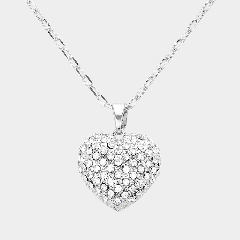 Stone Paved Heart Pendant Necklace - Necklaces