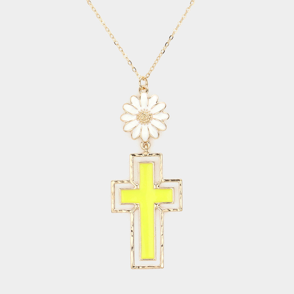 Madeline Love Yellow Daisy Flower Cross Link Pendant Necklace - Necklaces
