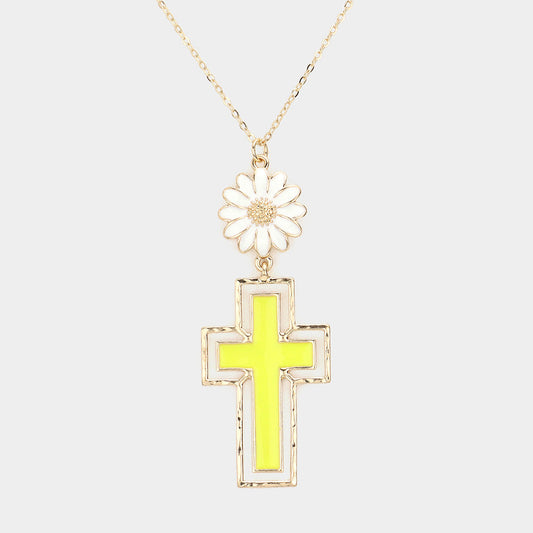 Madeline Love Yellow Daisy Flower Cross Link Pendant Necklace - Necklaces