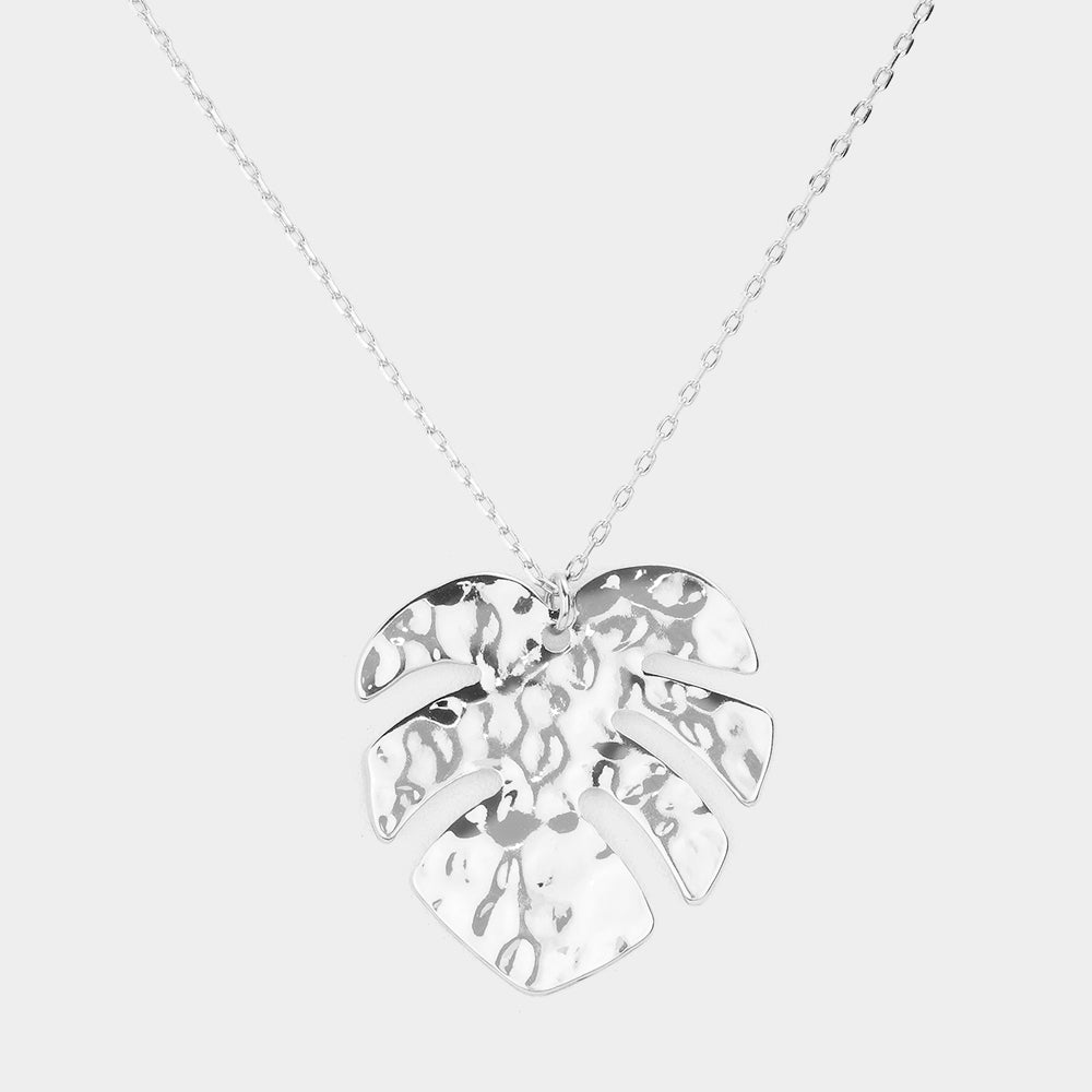 Madeline Love Rhodium Hammered Metal Tropical Leaf Pendant Necklace - Necklaces