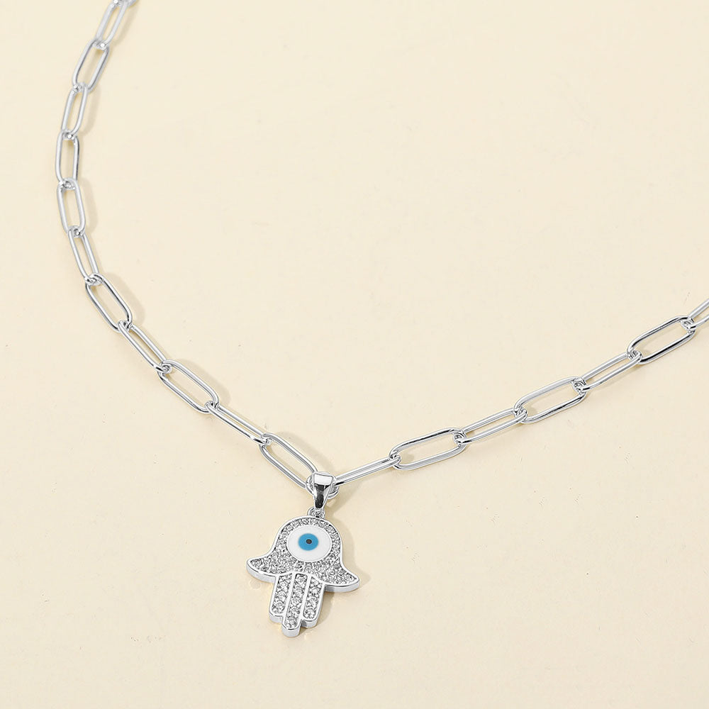 Madeline Love Silver Stainless Steel CZ Stone Paved Evil Eye Hamsa Hand Pendant Paperclip Chain Necklace - Jewelry