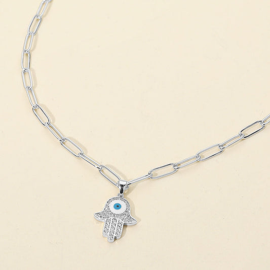 Madeline Love Silver Stainless Steel CZ Stone Paved Evil Eye Hamsa Hand Pendant Paperclip Chain Necklace - Jewelry