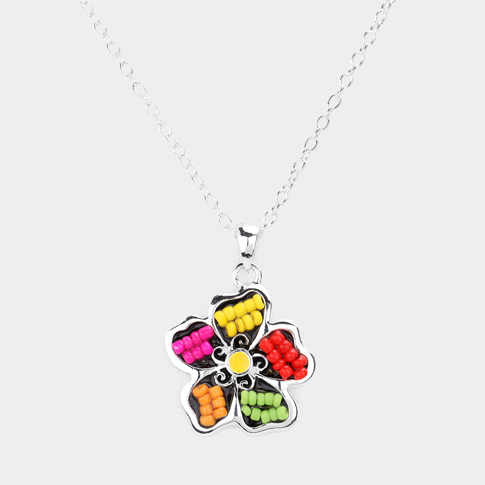 Madeline Love Multi Seed Bead Embellished Flower Pendant Necklace - Necklaces
