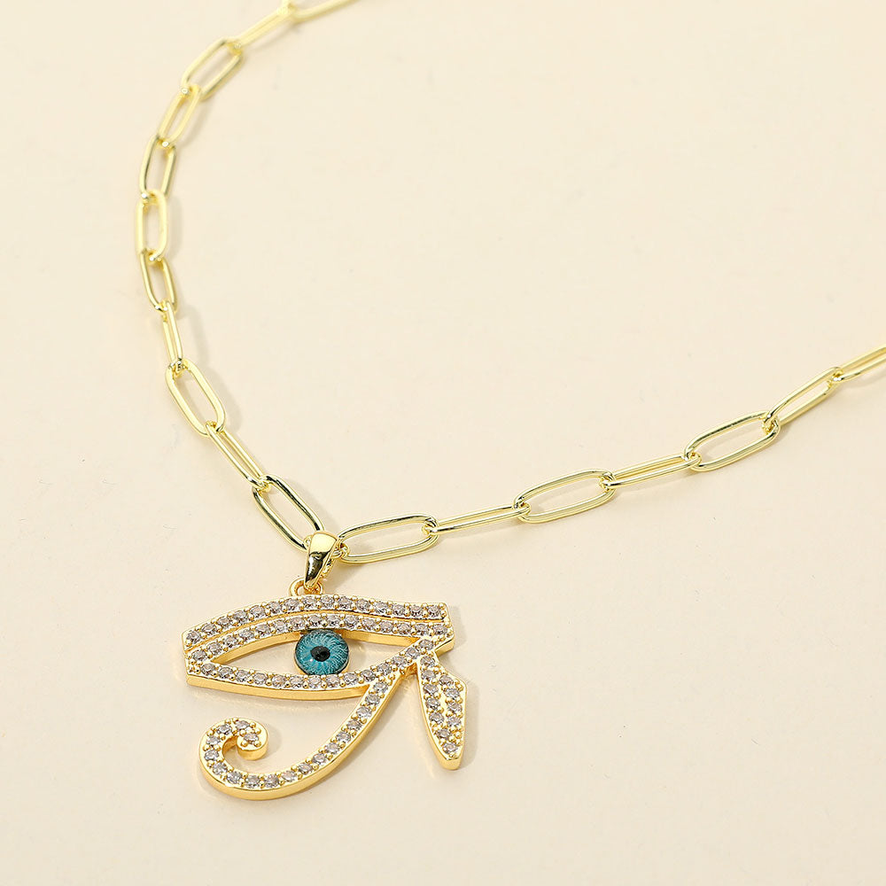 Madeline Love Clear, Gold Stainless Steel CZ Stone Paved Eye of Horus Pendant Paperclip Chain Necklace - Jewelry