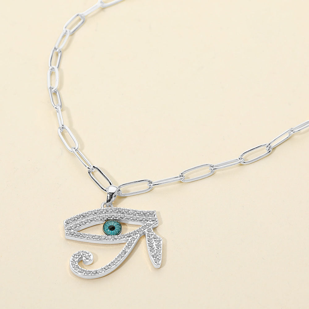 Madeline Love Clear, Silver Stainless Steel CZ Stone Paved Eye of Horus Pendant Paperclip Chain Necklace - Jewelry