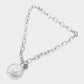 Heart Accented Metal Round Natural Stone Pendant Necklace
