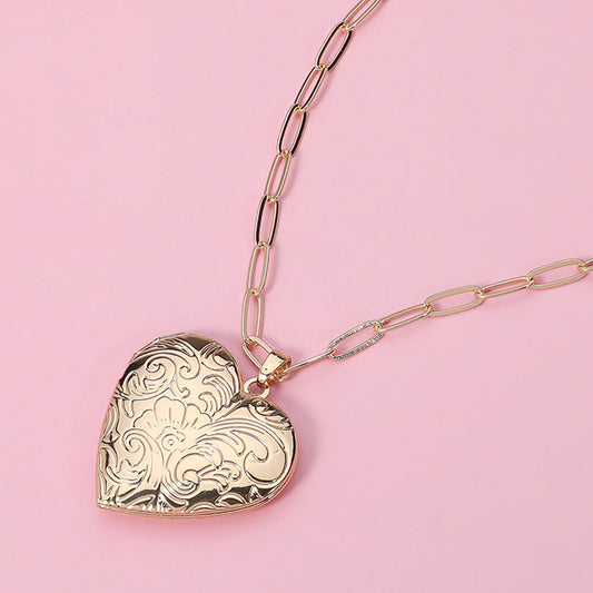 Textured Metal Heart Locket Pendant Paperclip Chain Necklace