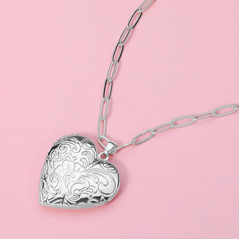 Textured Metal Heart Locket Pendant Paperclip Chain Necklace