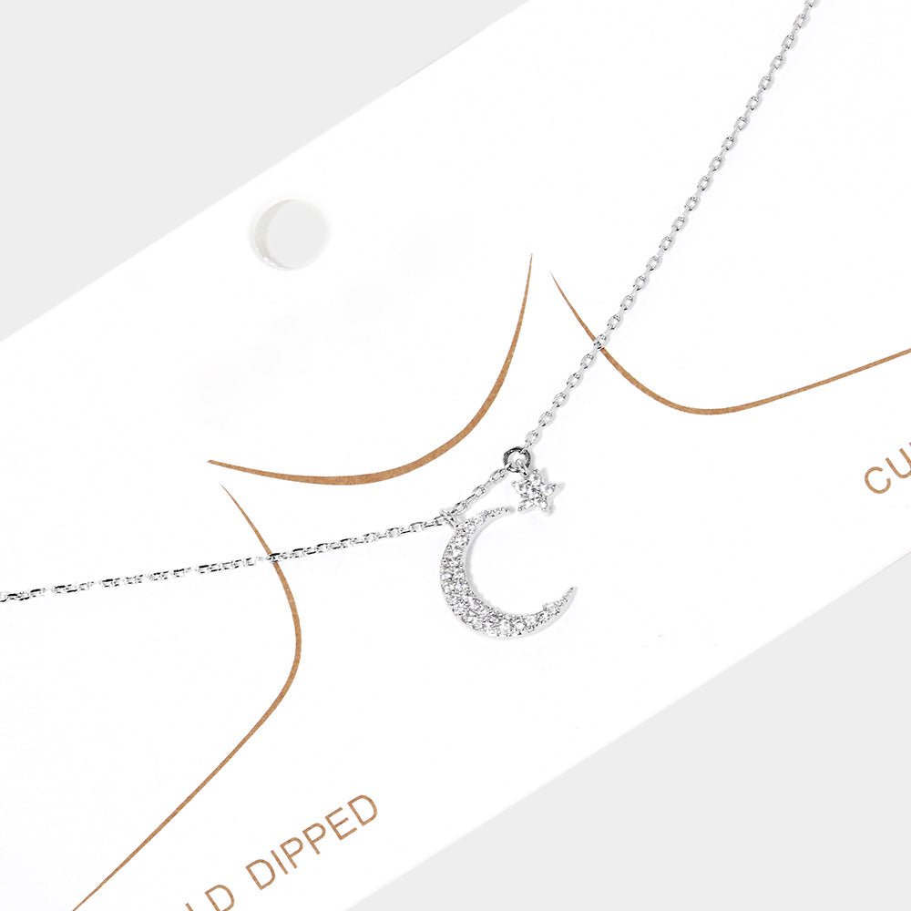 Madeline Love Rhodium White Gold Dipped Cubic Zirconia Moon Star Pendant Necklace - Necklaces