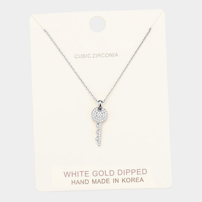 Madeline Love Clear, Rhodium White Gold Dipped Cubic Zirconia Key Pendant Necklace - Necklaces