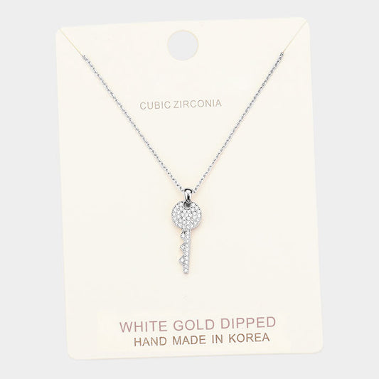 Madeline Love Clear, Rhodium White Gold Dipped Cubic Zirconia Key Pendant Necklace - Necklaces