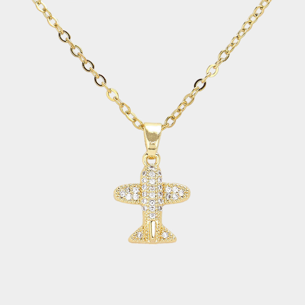 Madeline Love Gold CZ Stone Paved Airplane Pendant Stainless Steel Necklace - Jewelry