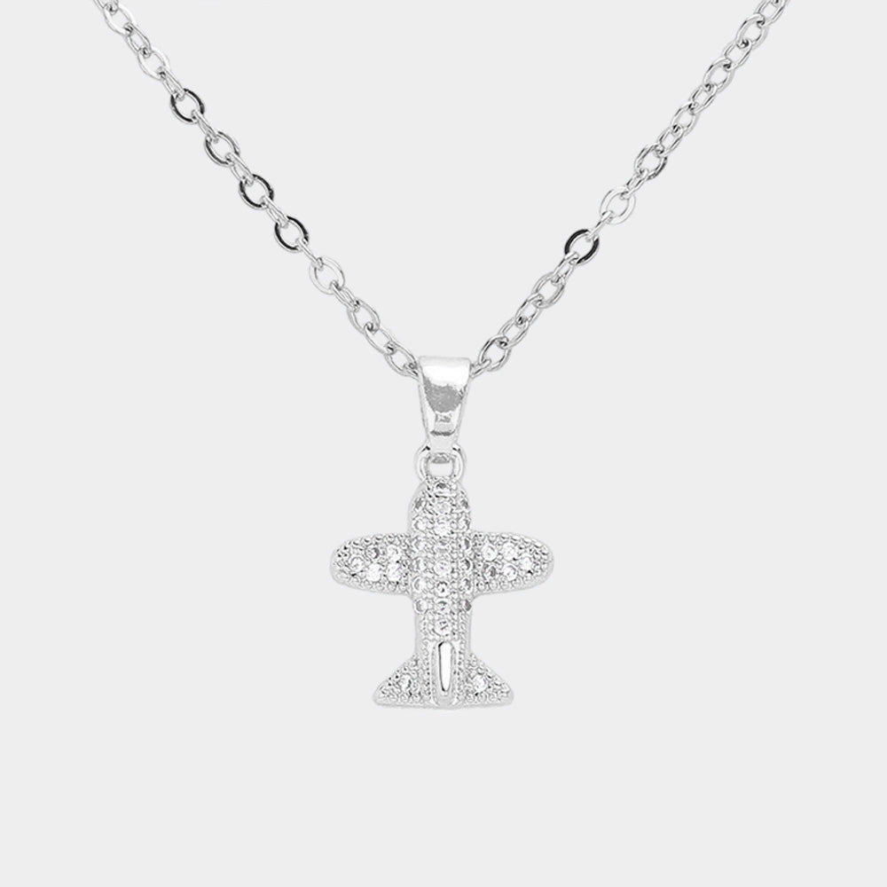 Madeline Love Silver CZ Stone Paved Airplane Pendant Stainless Steel Necklace - Jewelry