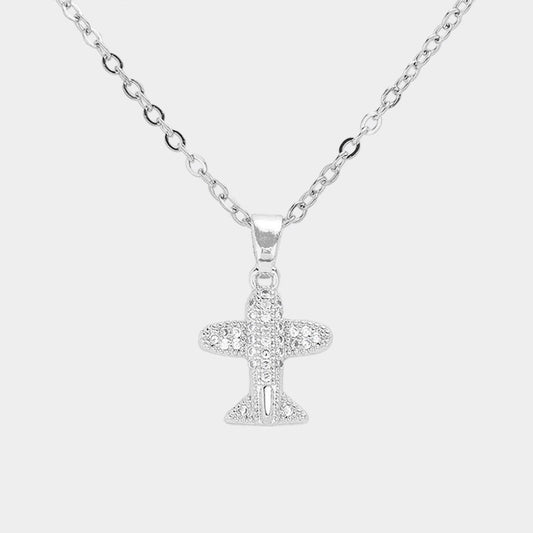 Madeline Love Silver CZ Stone Paved Airplane Pendant Stainless Steel Necklace - Jewelry
