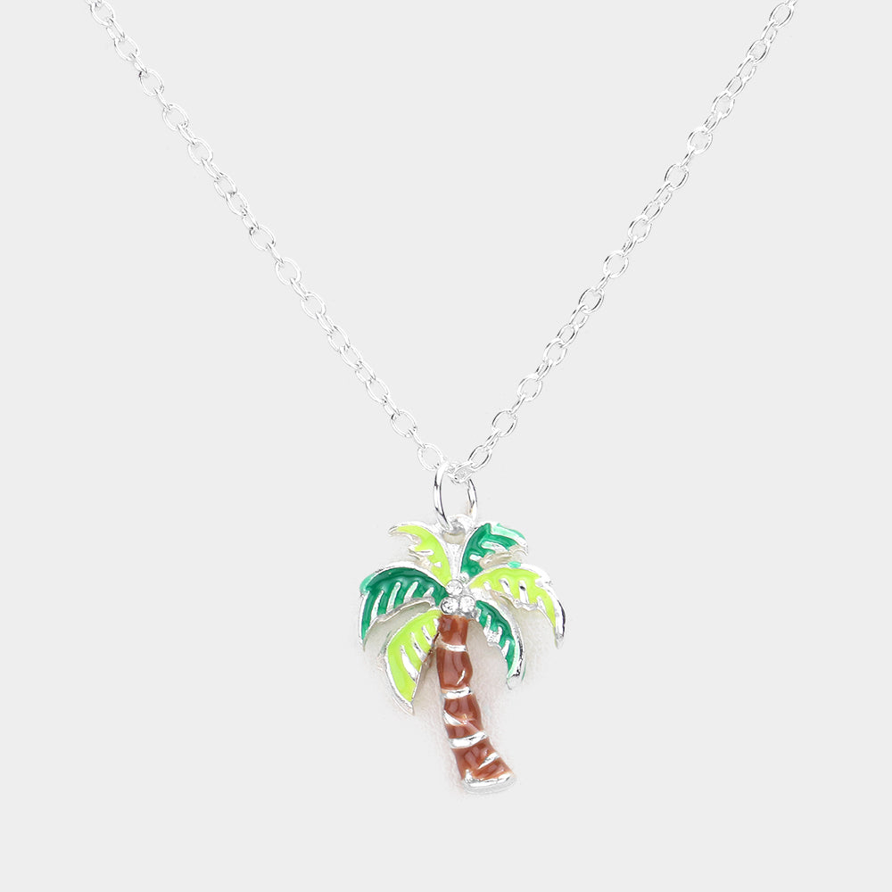 Madeline Love Green Rhinestone Embellished Enamel Palm Tree Pendant Necklace - Necklaces