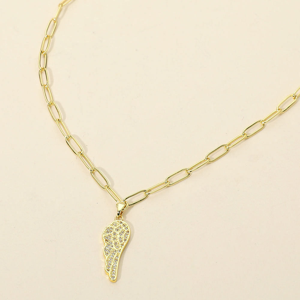 Madeline Love Gold Stainless Steel CZ Stone Paved Angel Wing Pendant Paperclip Chain Necklace - Jewelry