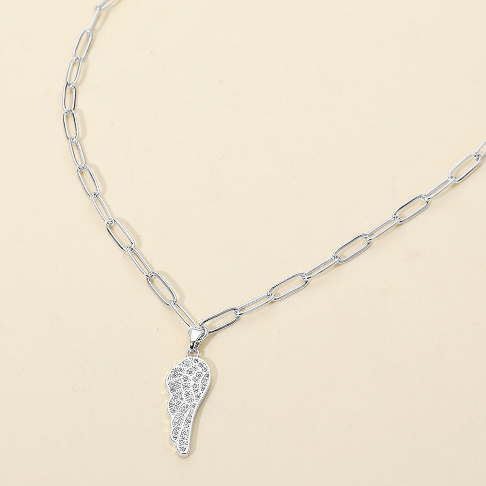 Madeline Love Silver Stainless Steel CZ Stone Paved Angel Wing Pendant Paperclip Chain Necklace - Jewelry