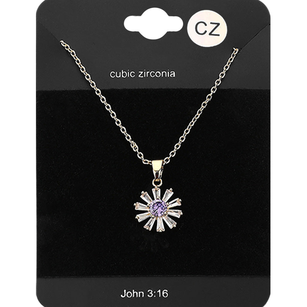 Madeline Love Amethyst , Gold CZ Flower Stone Pendant Necklace - Jewelry