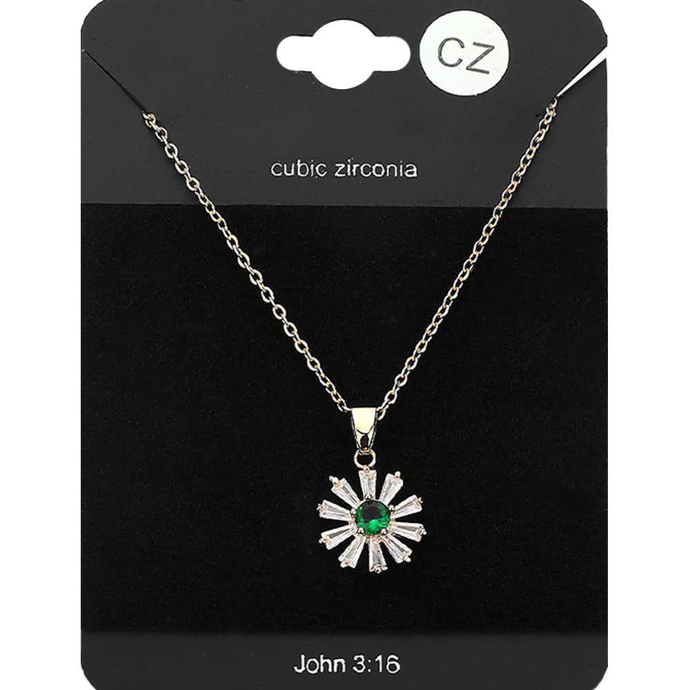 Madeline Love Emerald, Gold CZ Flower Stone Pendant Necklace - Jewelry