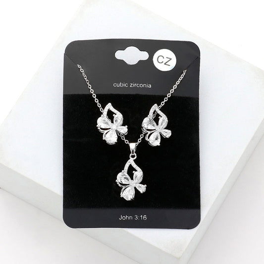 Madeline Love Clear, Rhodium Flower CZ Stone Accented Pendant Necklace - Jewelry