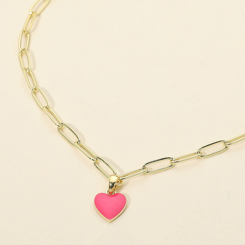 Madeline Love Gold, Pink Stainless Steel Enamel Heart Pendant Paperclip Chain Necklace - Jewelry