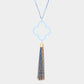 Madeline Love Light Blue, Worn Gold Colored Clover Metal Chain Tassel Pendant Long Necklace - Necklaces