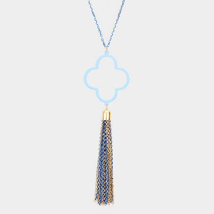 Madeline Love Light Blue, Worn Gold Colored Clover Metal Chain Tassel Pendant Long Necklace - Necklaces