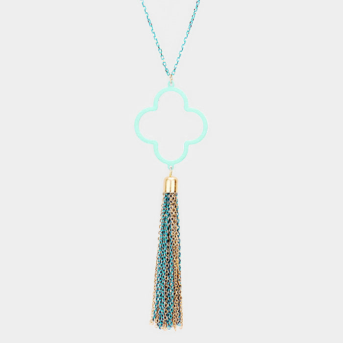 Madeline Love Mint, Worn Gold Colored Clover Metal Chain Tassel Pendant Long Necklace - Necklaces