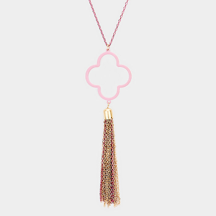 Madeline Love Purple , Worn Gold Colored Clover Metal Chain Tassel Pendant Long Necklace - Necklaces