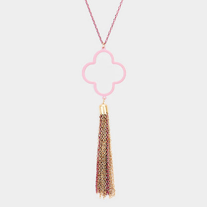 Madeline Love Purple , Worn Gold Colored Clover Metal Chain Tassel Pendant Long Necklace - Necklaces