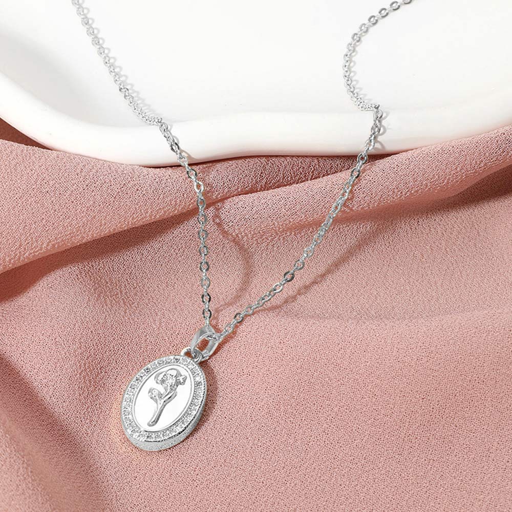 Madeline Love Mother of Pearl, Silver White Gold Dipped CZ Stone Paved Tulip Flower Embossed Mother of Pearl Oval Pendant Necklace - Jewelry