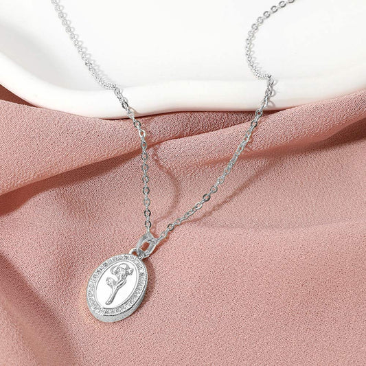 Madeline Love Mother of Pearl, Silver White Gold Dipped CZ Stone Paved Tulip Flower Embossed Mother of Pearl Oval Pendant Necklace - Jewelry