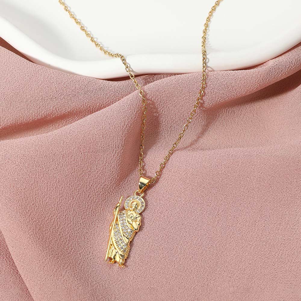 Madeline Love Gold Stainless Steel Stone Paved San Judas Pendant Necklace - Jewelry
