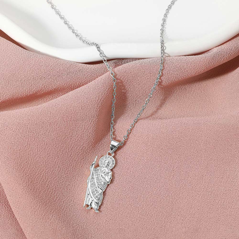 Madeline Love Silver Stainless Steel Stone Paved San Judas Pendant Necklace - Jewelry